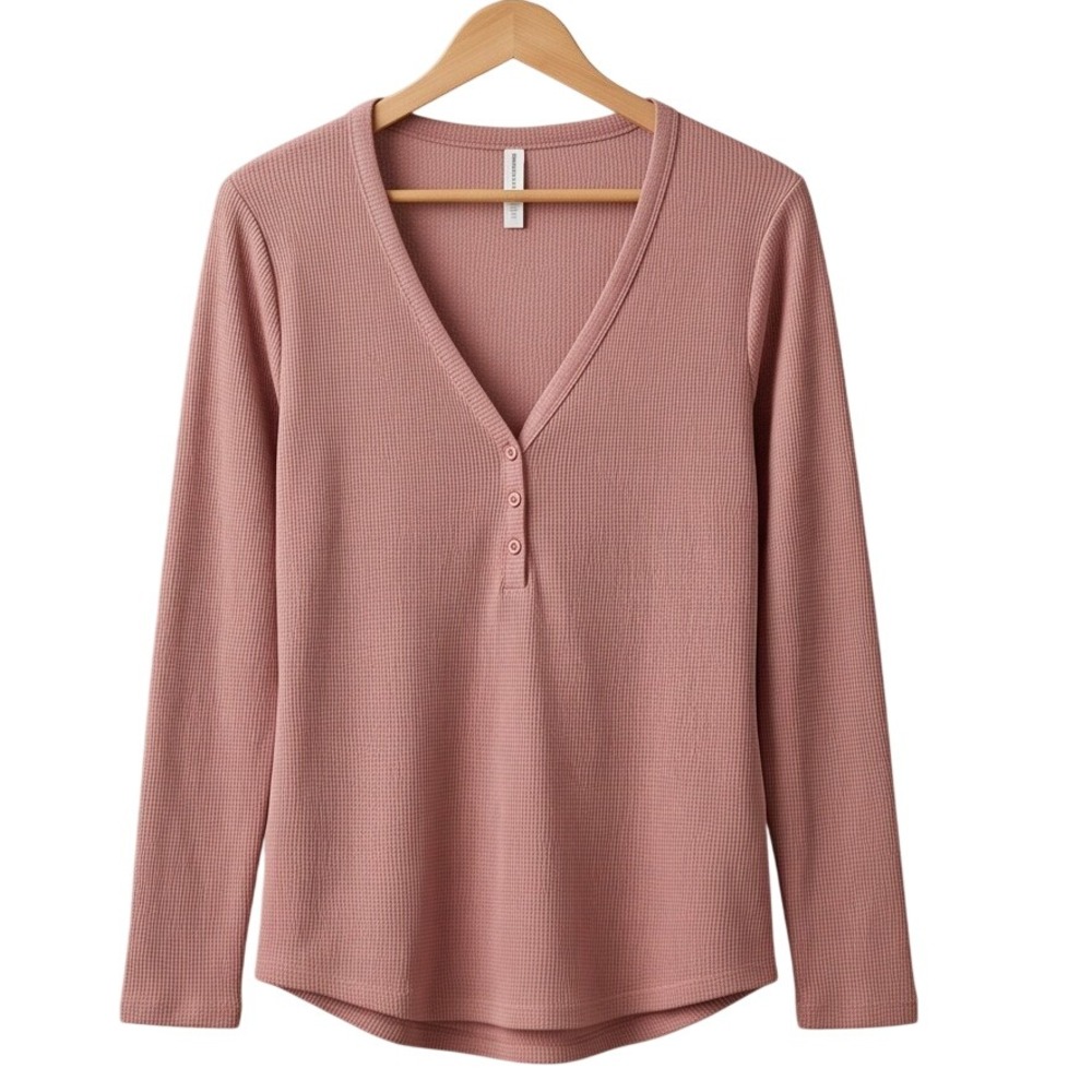 Athleta XL Wind Down Sleep Top Mauve Pink Waffle Knit Henley‎ XL